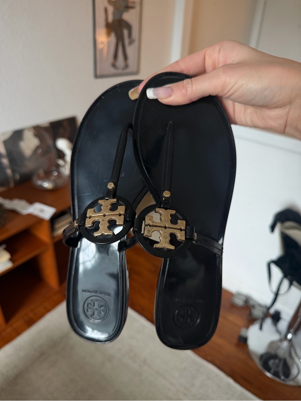 Tory Burch Black Jelly Thong Sandals with Gold Logo
